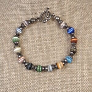 Vintage Sterling Silver 8mm Multi Color Cats Eye Beaded Ball Toggle Bracelet 7.5
